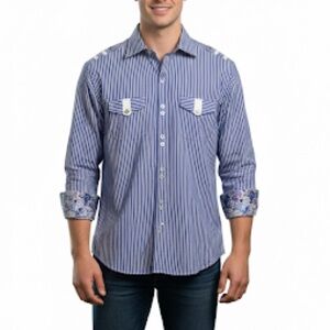 Bertigo Blue White Stripe Long Sleeve Button Front Shirt Mens Sz 3 US M